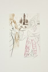 La Femme Adultère from Le Décameron suite, 1972 by Salvador Dali - Etching in colours on Arches paper sized 8x10 inches. Available from Whitewall Galleries